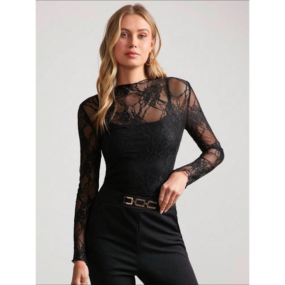 Completely Sheer floral lace long sleeve tee black - Picture 1 of 2